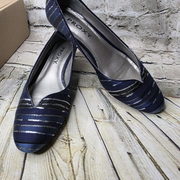 PROXY Navy Silver Multi Stripe Womens Emastine Dress Wedge Shoes  Size 9.5M - Picture 2 of 9